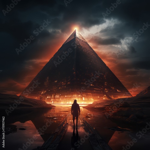 A majestic pyramid adorned with the silhouette of a person.