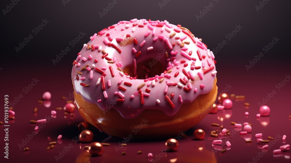 Round donut with sprinkles, dessert in sweet pink glaze on a pink background. Sweet dessert. Round donut with sprinkles, dessert in sweet pink glaze on a pink background. Sweet dessert.