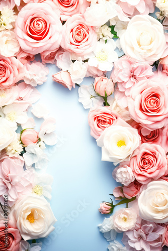 frame of rose flowers with blue background