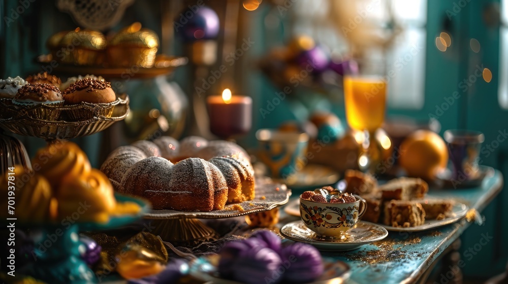 Still Life, elaborate Mardi Gras king cake on decorated table, carnival setting, festive blues and yellows, carnival sweets, Mardi Gras dessert