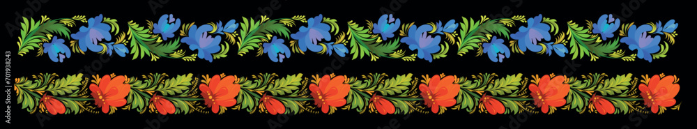 Seamless borders in vector. Ukrainian art Petrikivka. Colorful abstract flowers