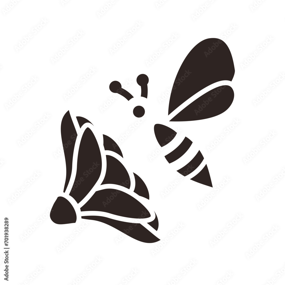 Bee and Camellia Black Fill Icon - obrazy, fototapety, plakaty 