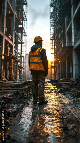 vertical portrait of construction worker man wearing on building site