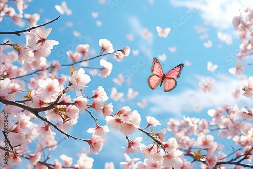 Breathtaking Sakura Blossoms with Graceful Butterfly Dancing in a Serene Spring Landscape © sorin