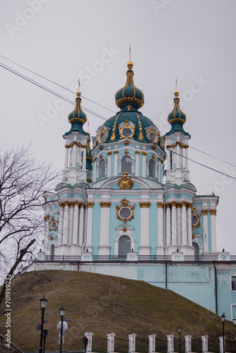 Kyiv, Ukraine - January 2, 2024: A beautiful church stands on Andriivskyi Uzvoz. St. Andrew's Church was opened in 1767. photo