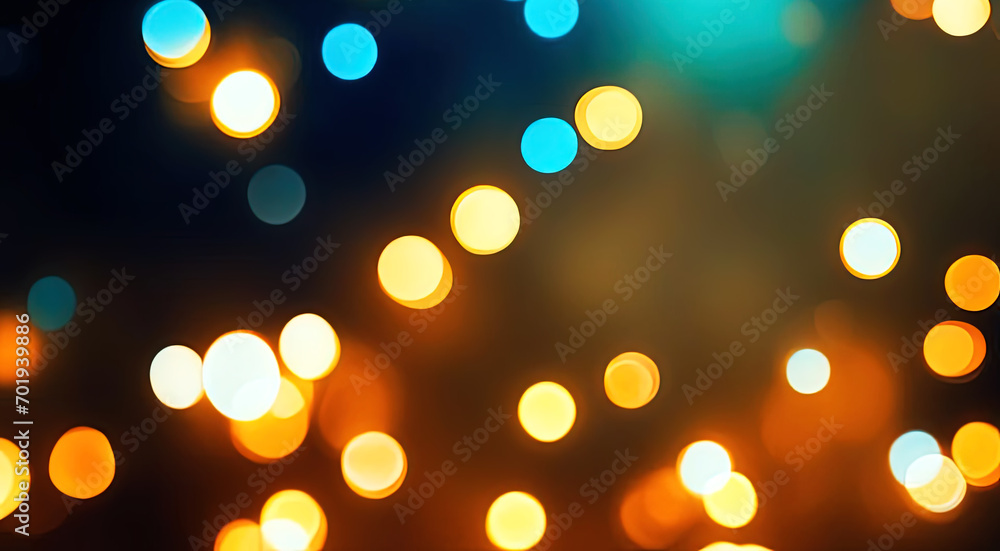 lights and blue background bokeh effect, in the style of light orange and dark gold lights and blue background bokeh effect, in the style of light orange and dark gold