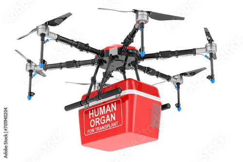 Drone with portable fridge for transporting donor organs, Express delivery for hospitals. 3D rendering isolated on transparent background photo