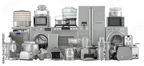 Collection of kitchen appliances, silver metallic colors. 3D rendering isolated on transparent background photo