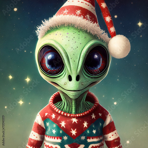 cute little green retro vintage alien everyday life – wearing a ugly Christmas sweater © pixs:sell