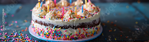 A decadent dessert with a vibrant birthday cake decorated in sweet icing, colorful sprinkles, and a cluster of flickering candles atop a elegant cake stand, ready to be enjoyed at an indoor celebrati