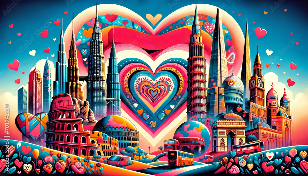 colorful illustration of international valentine's day card with world sights