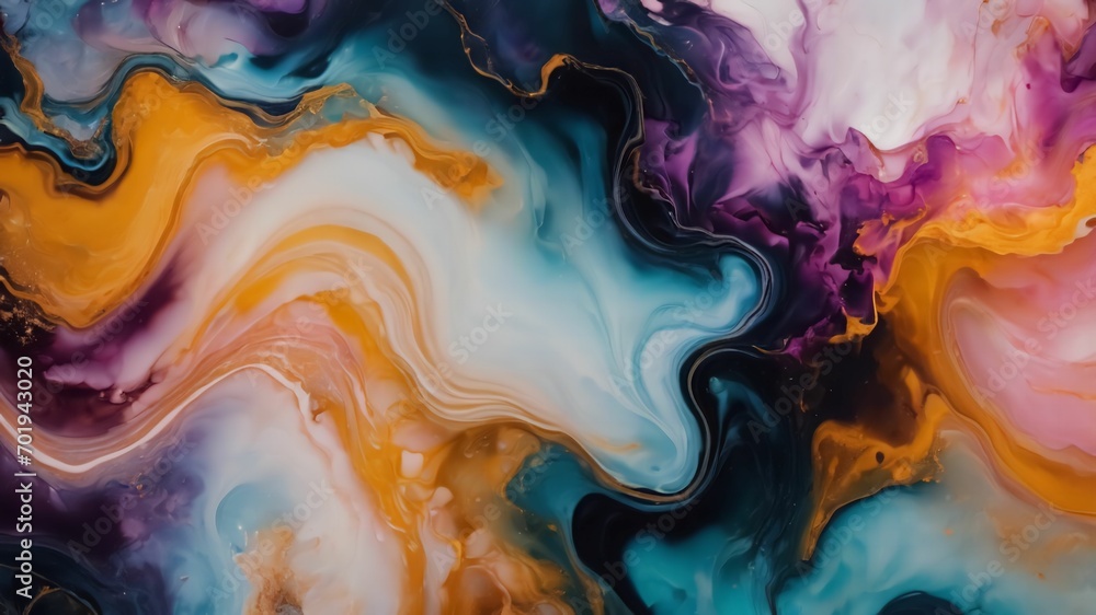 Natural luxury abstract fluid art painting in alcohol ink technique. Tender and dreamy wallpaper. Mixture of colors creating transparent waves and black swirls.Generative Ai technology.