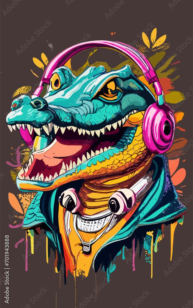 Colourful crocodile listening to music