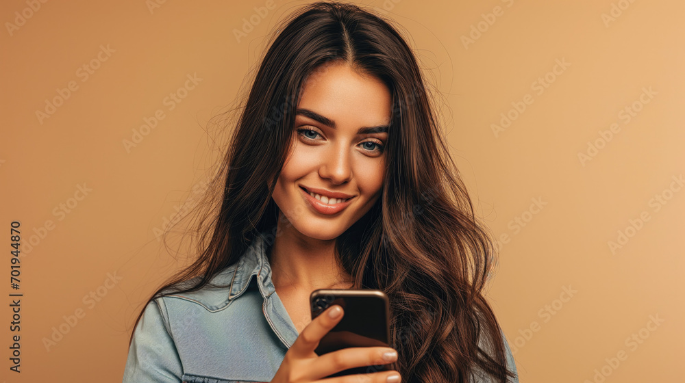 A young brunette woman is looking at a smartphone screen against a beige monochrome studio background. A young brunette woman is looking at a smartphone screen against a beige monochrome studio background.