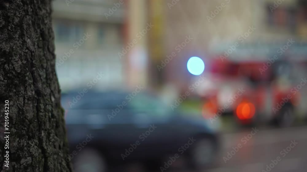 Emergency aftermath: Evening scene with flashing lights Emergency aftermath: Evening scene with flashing lights