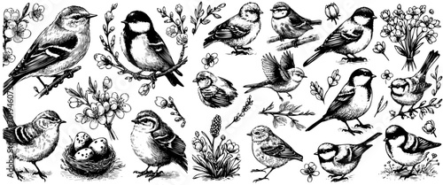 Set of of birds and flowers, line drawings, ink drawing, hand drawn illustration, Vector photo