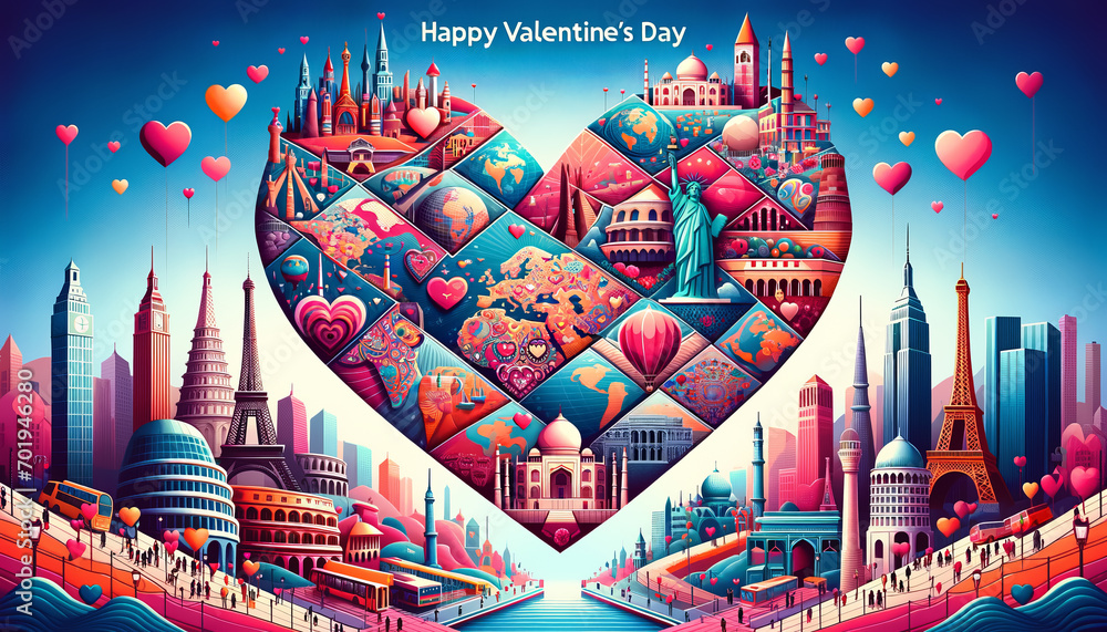 colorful illustration of international valentine's day card with world sights colorful illustration of international valentine's day card with world sights