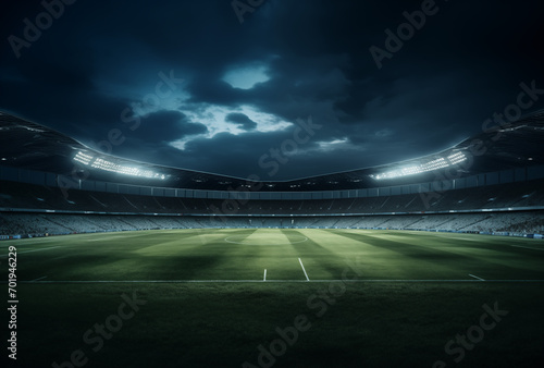 universal grass stadium illuminated by spotlights and empty green grass playground © Evvvgenias