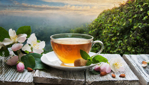 Cup of tea with jasmine flowers on wooden table photo