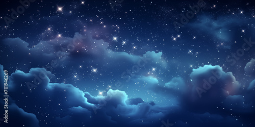 magic glowing stars and clouds on night sky empty background
