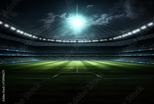 universal grass stadium illuminated by spotlights and empty green grass playground