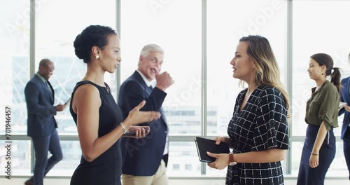 Business women, handshake and welcome to partnership, b2b introduction and talking, networking or opportunity in lobby. People or clients shaking hands with notebook and phone for contact and meeting photo