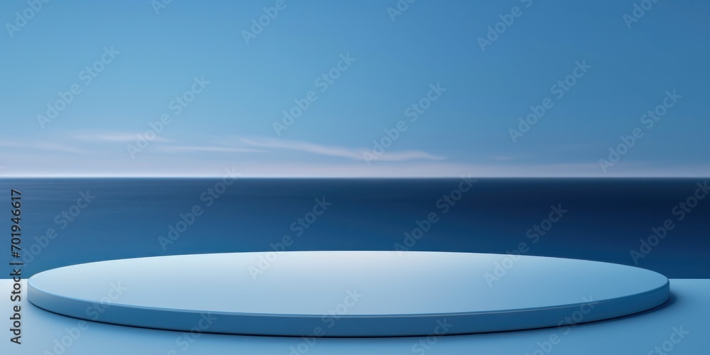 A podium set against a seascape with a clear blue sky and tranquil ocean waves.