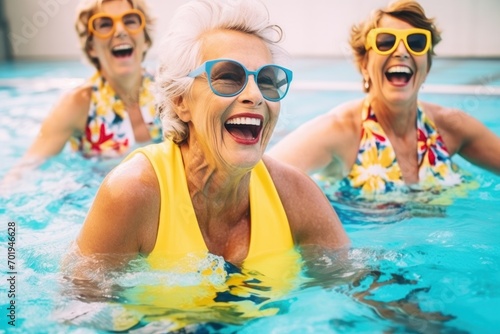 A group of joyful senior friends in swimsuits enjoying a summer pool day together.