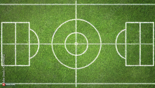 Soccer field with green grass and white circles. Top view. photo