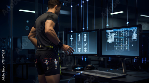 High-tech sports analytics lab analyzing athlete performance using biomechanical sensors and data analysis.