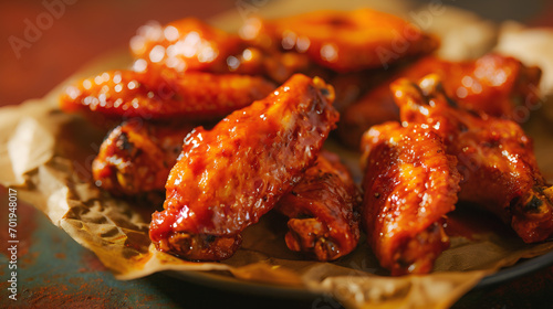 Sticky glazed wings on baking paper. BBQ chicken wings, rustic style. Glazed wings, rich and glossy photo