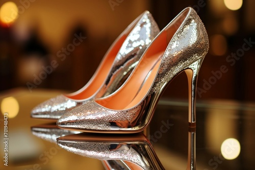 Selective focus on elegant bridal shoes, placed on a mirrored surface