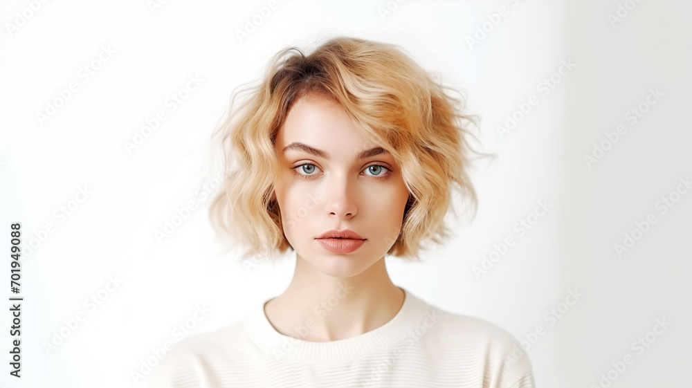 Portrait of a beautiful woman with blond hair on a light background. Girl in white t-shirt isolated on white background. 18-20 years old cute European girl with short haircut close-up. Portrait of a beautiful woman with blond hair on a light background. Girl in white t-shirt isolated on white background. 18-20 years old cute European girl with short haircut close-up.
