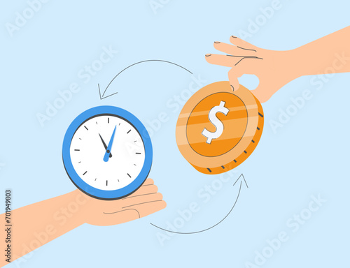 Business man hand exchanging time and money to each other. Abstract background. Vector illustration.