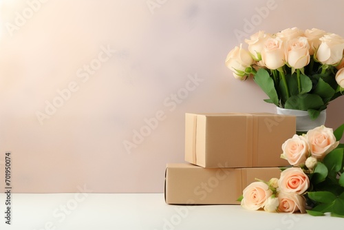 Cardboard sealed boxes with flowers, delivery concept, trucking, mail or courier delivery, copy space.