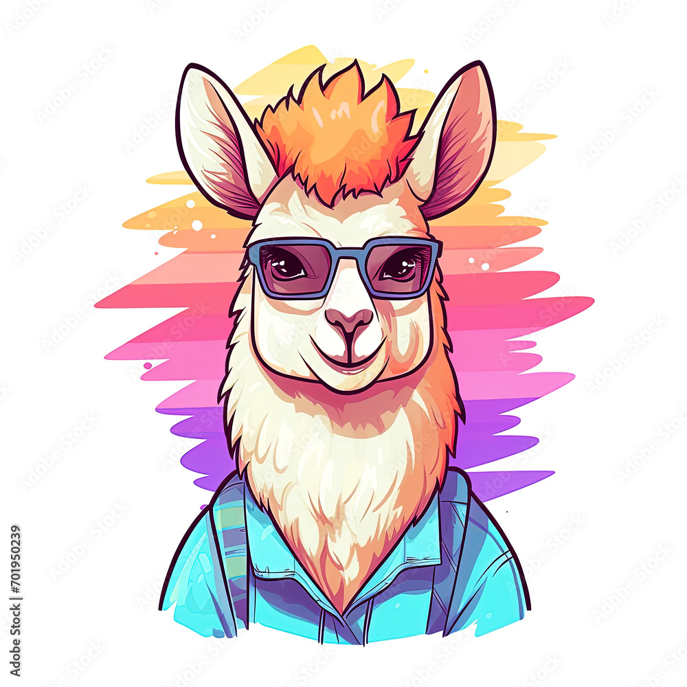 Fototapeta premium Cute little rainbow lama head. Hand drawn illustration for card and shirt design, fabric textile.