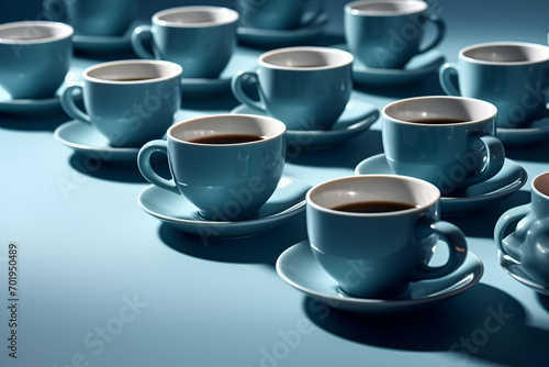 Ceramic coffee cups mugs on the table light blue background