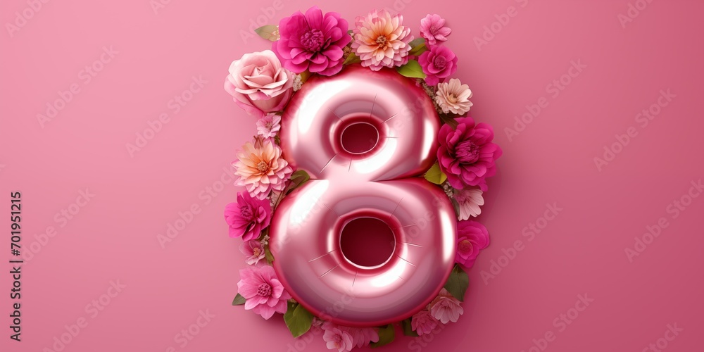A balloon in the shape of the number eight with flowers on a pink background, the concept of the International Women's Day holiday, March 8. - obrazy, fototapety, plakaty 