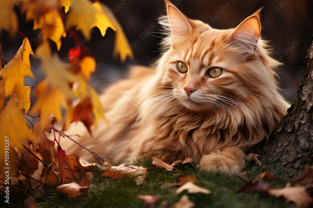 Autumns muse Stunning red cat with amber gaze amid yellow foliage