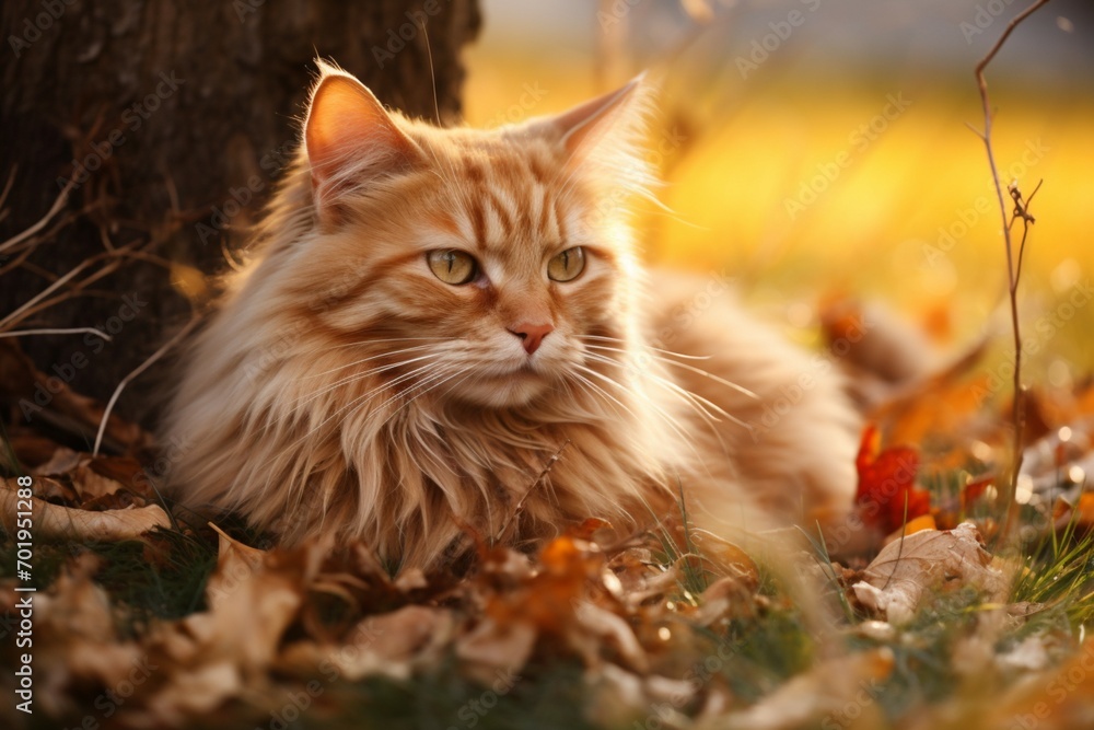 Graceful red cat, eyes ablaze in yellow, lounging on autumn grass