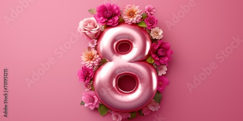 A balloon in the shape of the number eight with flowers on a pink background, the concept of the International Women's Day holiday, March 8.