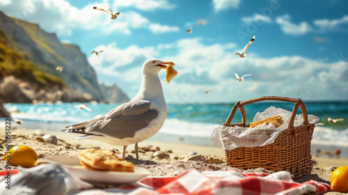Seagull, at a beach picnic scene, cheekily stealing a sandwich photo