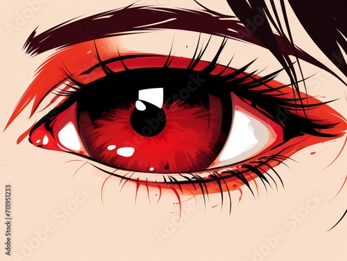 illustration of beautiful female eyes with red make-up and long eyelashes. Generative AI