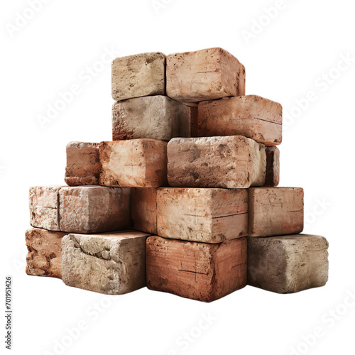 Old ancient stack of solid block bricks and stone isolated on transparent background.