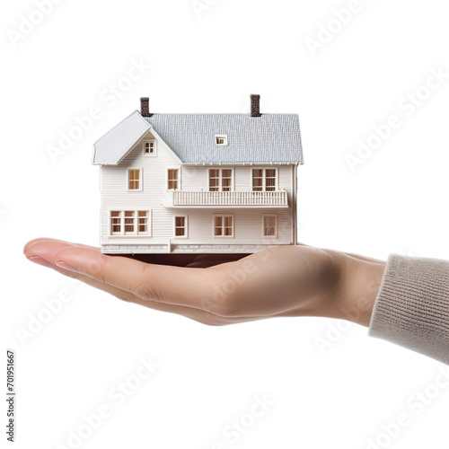 Hand holding a house isolated on transparent background.