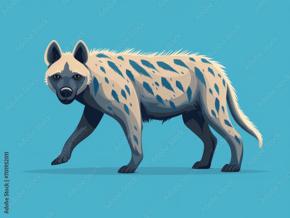 Fototapeta premium Hyena vector illustration isolated on blue background. Side view of hyena. Generative AI