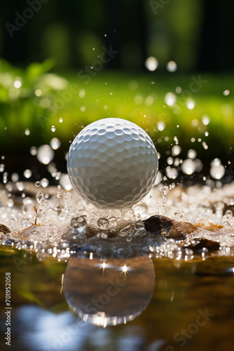 objects driver is just contacting golf ball on tee, show impact, macro close up, high details