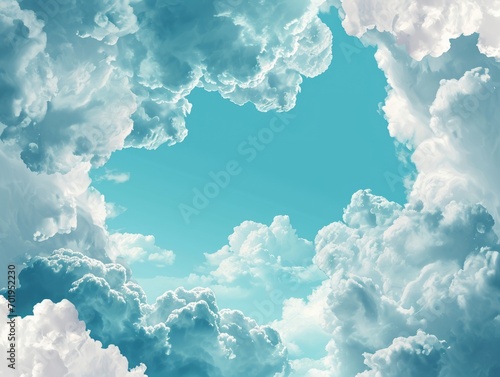 Fluffy white clouds forming a serene frame against a soft blue sky.