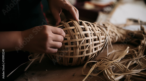 unrecognizable hand crafting a traditional wicker basket  photo