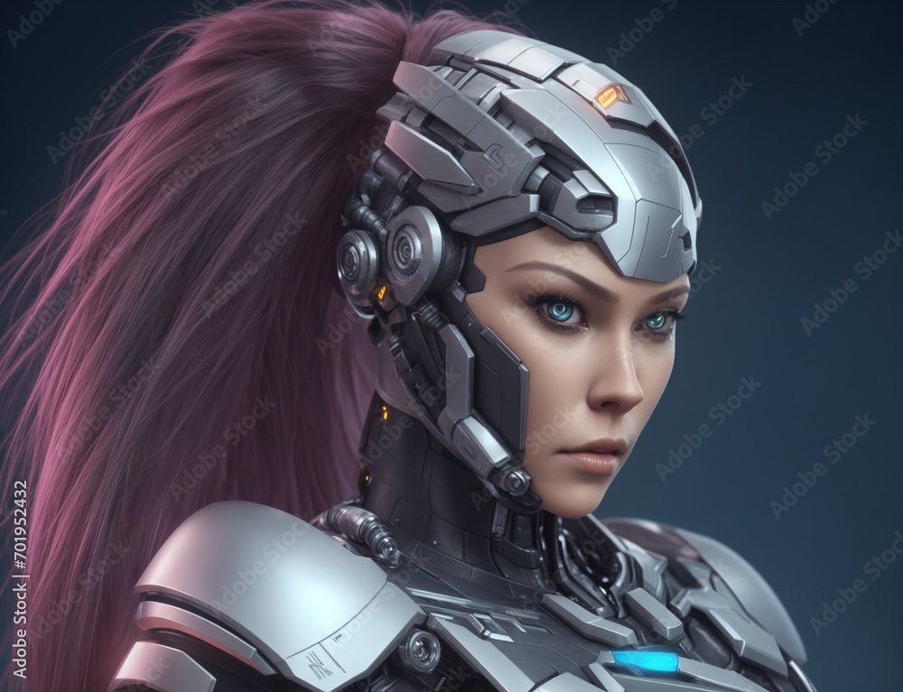 Female cyborg robot. Futuristic half-robot face. Concept for Artificial Intelligence. Science fiction female 3d robotic cyborg character.